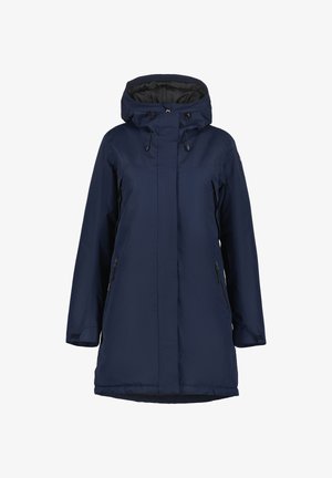 Parka imperméable bleu marine avec capuche, cordons de serrage réglables, deux poches zippées et coupe droite. Tissu à texture lisse.