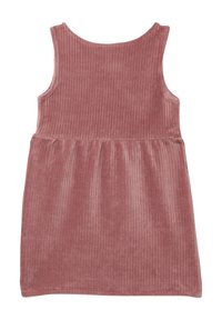 Rosa Corduroy ärmelloses Kleid mit einem strukturierten gerippten Muster und geraffter Taille, das über einen runden Halsausschnitt und einen ausgestellten Saum verfügt.