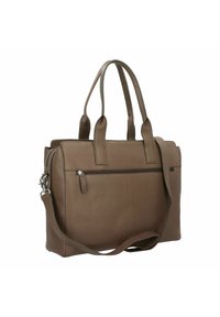 Bruine leren tote bag met dubbele handgrepen, verstelbare schouderband, voorzak met rits en een gestructureerde afwerking. Rechthoekige vorm.