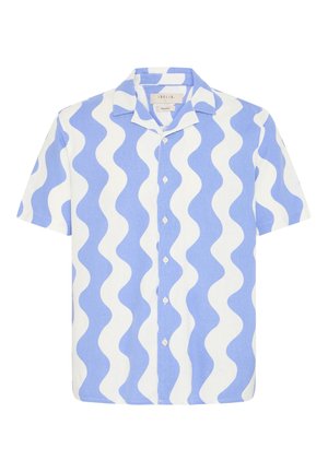 Camicia a maniche corte con bottoni con righe ondulate verticali blu e bianche e colletto a camp.