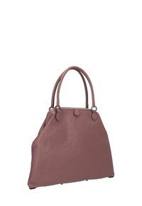 Sac à main en cuir mauve avec deux anses bouclées, une surface texturée et des accents métalliques. Présente une forme structurée et un fond plat.