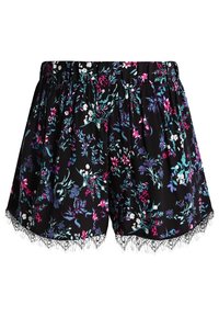 Shorts floreali neri con vita arricciata, caratterizzati da motivi floreali colorati e bordo in pizzo sull'orlo per un dettaglio aggiuntivo.
