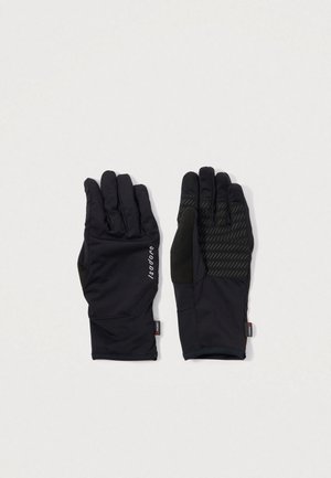 Gants noirs en matériau doux et extensible avec une prise texturée sur les paumes. Présente un logo et des bouts de doigts renforcés pour plus de durabilité.