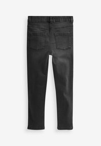 Jeans in denim neri con cintura elasticizzata, due tasche posteriori e un design slim fit. Texture liscia e stile classico a cinque tasche.
