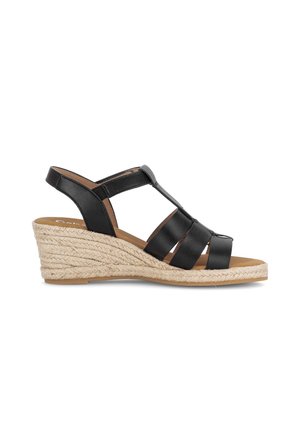 Zwarte leren sleehak sandaal met open teen en slingback bandje, voorzien van een gevlochten jute espadrillezool.