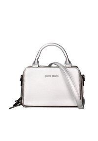 Borsa a tracolla in pelle argentata con forma strutturata, manici doppi e una tracolla regolabile. Presenta una chiusura con zip e il nome del marchio in rilievo.