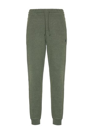 Pantaloni della tuta verde oliva con vita elasticizzata e cordino, dotati di gambe affusolate e un piccolo logo sul lato sinistro. Tessuto dalla consistenza morbida.