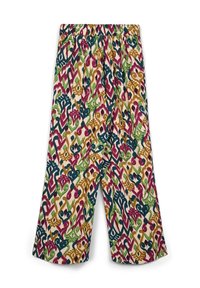 Pantalons évasés avec taille élastique présentant un motif multicolore abstrait en vert, moutarde, marine et bourgogne sur un fond beige.