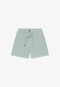 Pantalones cortos casuales para hombre de color verde claro con cintura elástica, cordón, cierre con botón y bolsillos laterales sobre fondo blanco.