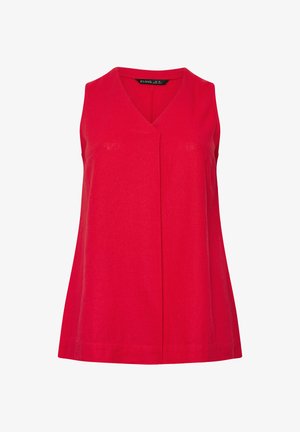 Ärmelloses, leuchtend rotes Damenoberteil mit V-Ausschnitt und zentraler Vorderfaltenlegung, Marke Evans, auf weißem Hintergrund dargestellt.