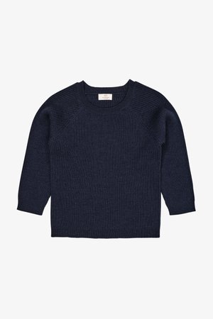 Pull en tricot côtelé bleu marine avec de longues manches raglan, col rond et surface texturée. Design simple sans logos ou motifs visibles.