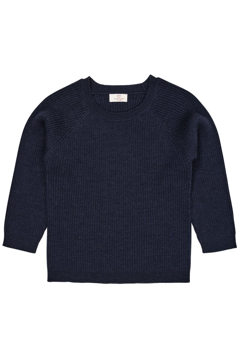 Pulover tricotat cu model rib din lână bleumarin, cu mâneci lungi raglan, gât rotund și o suprafață texturată. Design simplu, fără logo-uri sau modele vizibile.