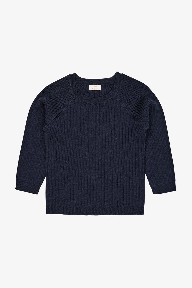 Maglione in maglia ribbed blu navy con maniche raglan lunghe, scollo rotondo e una superficie testurizzata. Design semplice senza loghi o motivi visibili.