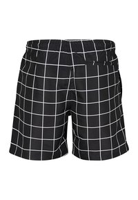 Zwarte zwembroek met een wit ruitpatroon, elastische tailleband en een achterzak met klep. Gemaakt van lichtgewicht, snel drogend materiaal.