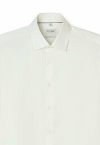 White dress shirt made of smooth fabric, featuring a pointed collar, six buttons down the front, and a fitted body design.