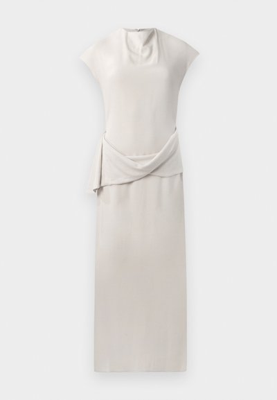 Sleek, sleeveless dress in soft beige fabric. Features a draped waist section and a smooth, straight silhouette. Zipper closure at the back.