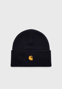 Beanie nera lavorata a maglia con risvolto, caratterizzata da un logo ricamato giallo sul fronte. Texture morbida, forma rotonda e design semplice.