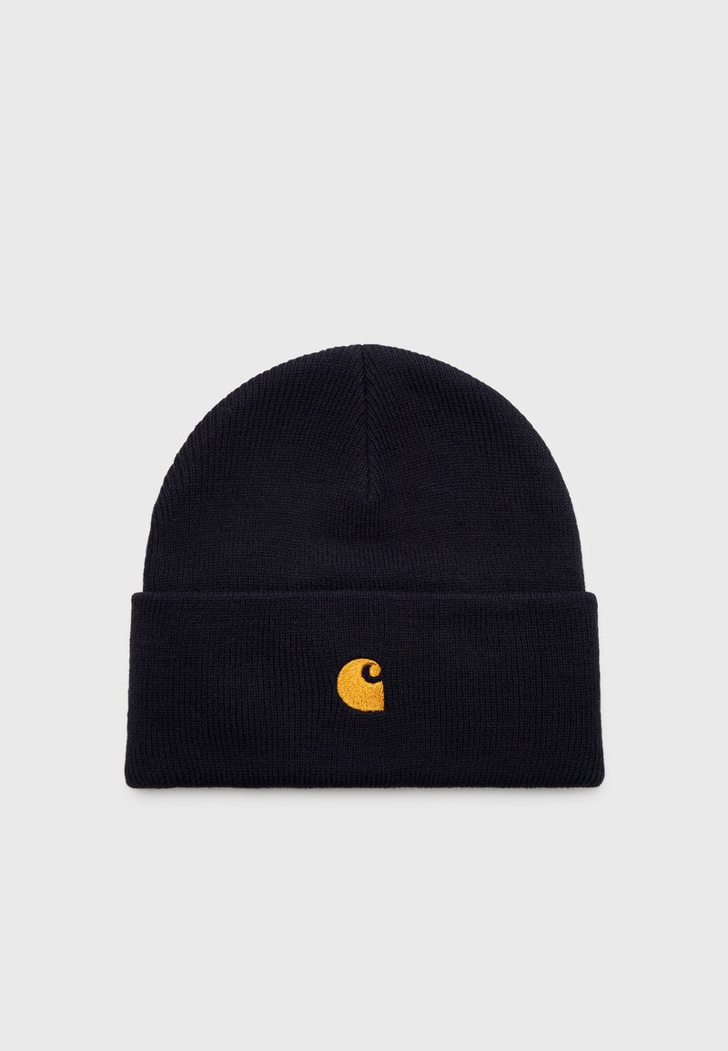 Beanie nera lavorata a maglia con risvolto, caratterizzata da un logo ricamato giallo sul fronte. Texture morbida, forma rotonda e design semplice.