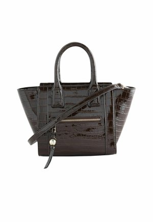 Dark brown croc-embossed leather handbag with top handles, a front zip pocket, and a long adjustable crossbody strap.