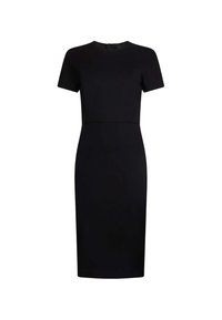 Abito nero aderente con maniche corte, scollo rotondo e orlo a ginocchio. Tessuto liscio senza modelli o decorazioni visibili.