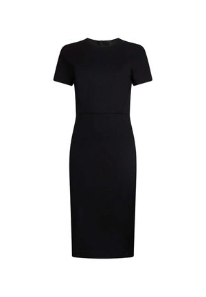 Abito nero aderente con maniche corte, scollo rotondo e orlo a ginocchio. Tessuto liscio senza modelli o decorazioni visibili.