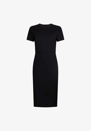 Abito nero aderente con maniche corte, scollo rotondo e orlo a ginocchio. Tessuto liscio senza modelli o decorazioni visibili.