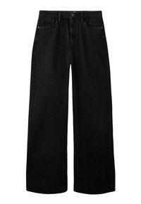 Crne traperice širokih nogavica od trapera. Imaju visok struk, dizajn s pet džepova i kopčanje na gumb. Čist i minimalistički izgled.