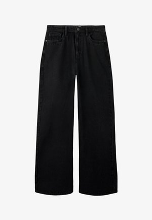 Črne široke kavbojke iz denima. Imajo visok pas, pet žepov in gumb za zapiranje. Čist in minimalističen videz.