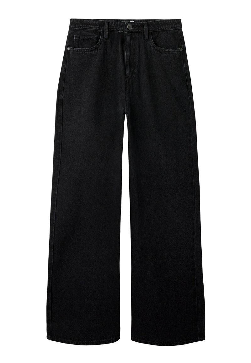 Crne traperice širokih nogavica od trapera. Imaju visok struk, dizajn s pet džepova i kopčanje na gumb. Čist i minimalistički izgled.