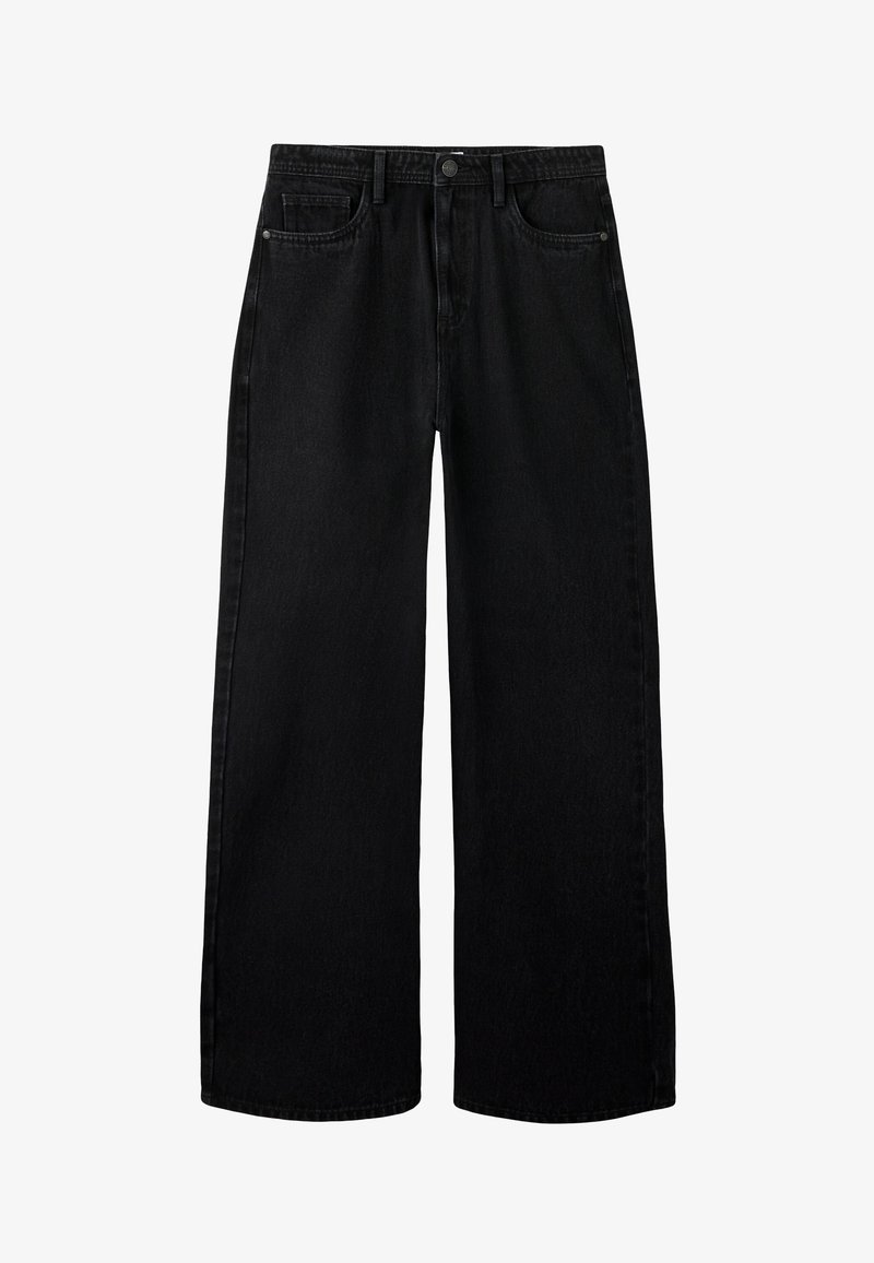 Crne traperice širokih nogavica od trapera. Imaju visok struk, dizajn s pet džepova i kopčanje na gumb. Čist i minimalistički izgled.