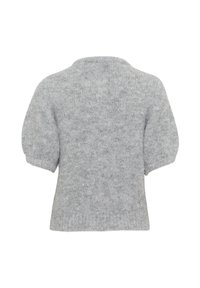 Pull en tricot gris clair avec un col rond, des manches courtes bouffantes et une finition texturée. Design simple, sans motifs ou accents visibles.