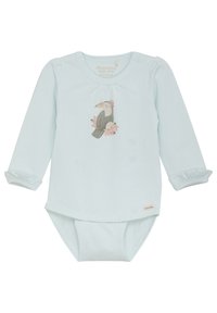 Ljusblå långärmad bodysuit i mjuk ekologisk bomull, med en tukan och blommönster, samt rynkade detaljer vid halsringningen och tryckknappsstängning.