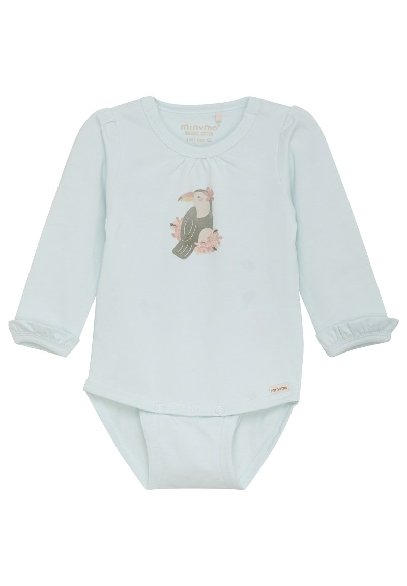 Ljusblå långärmad bodysuit i mjuk ekologisk bomull, med en tukan och blommönster, samt rynkade detaljer vid halsringningen och tryckknappsstängning.