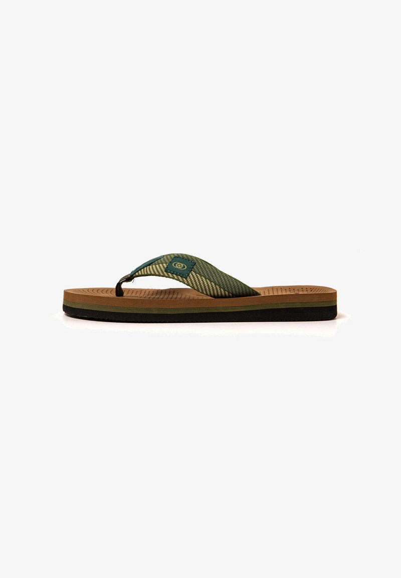 Green and tan flip-flop with a textured footbed, featuring a patterned strap and a circular logo. Black outsole provides grip.