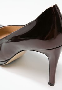 Chaussure à talon haut pour femmes en cuir marron foncé brillant, avec un bout pointu et un talon moyen fin, sur fond blanc.