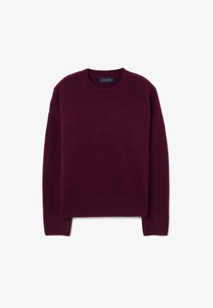 Burgunderfarbener Strickpullover mit Rundhalsausschnitt, gerippten Bündchen und Saum. Weiche Textur und lässige Passform, hergestellt aus einem warmen, kuscheligen Material.