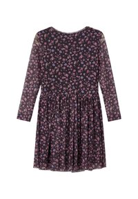 Abito lungo a maniche lunghe di color viola scuro con vita arricciata e piccolo motivo floreale nei toni del rosa, blu e beige.