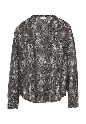 Blouse à manches longues noire et grise avec un motif imprimé serpent, dotée d'un col en V et d'une coupe décontractée. Texture de tissu douce.