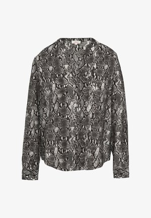 Black and gray long-sleeve blouse with a snake print pattern, featuring a V-neck and relaxed fit. Soft fabric texture.