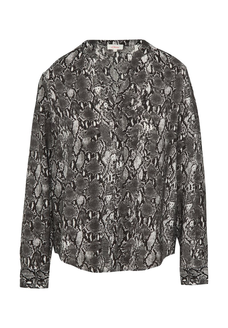 Zwart en grijs lang mouw blouse met een slangenprintpatroon, voorzien van een V-hals en een ontspannen pasvorm. Zachte stoftextuur.