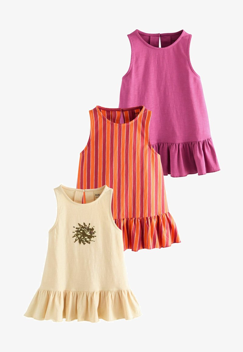 Three sleeveless dresses: pink, striped orange and red, and beige with a sequined design. Each has a flared, ruffled bottom.