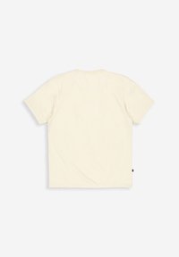 Effen off-white T-shirt met korte mouwen, van achteren getoond tegen een witte achtergrond.