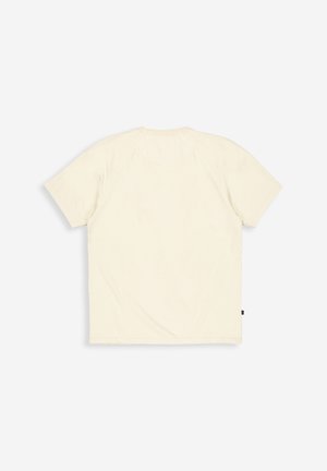 Einfache, off-white Kurzarm-T-Shirt von hinten auf einem weißen Hintergrund gezeigt.