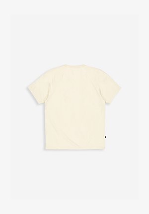 Einfache, off-white Kurzarm-T-Shirt von hinten auf einem weißen Hintergrund gezeigt.
