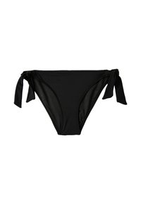 Svarta bikiniunderbyxor i slät tyg. Har snörningsavslutningar på sidorna och en klassisk skärning med medium täckning.