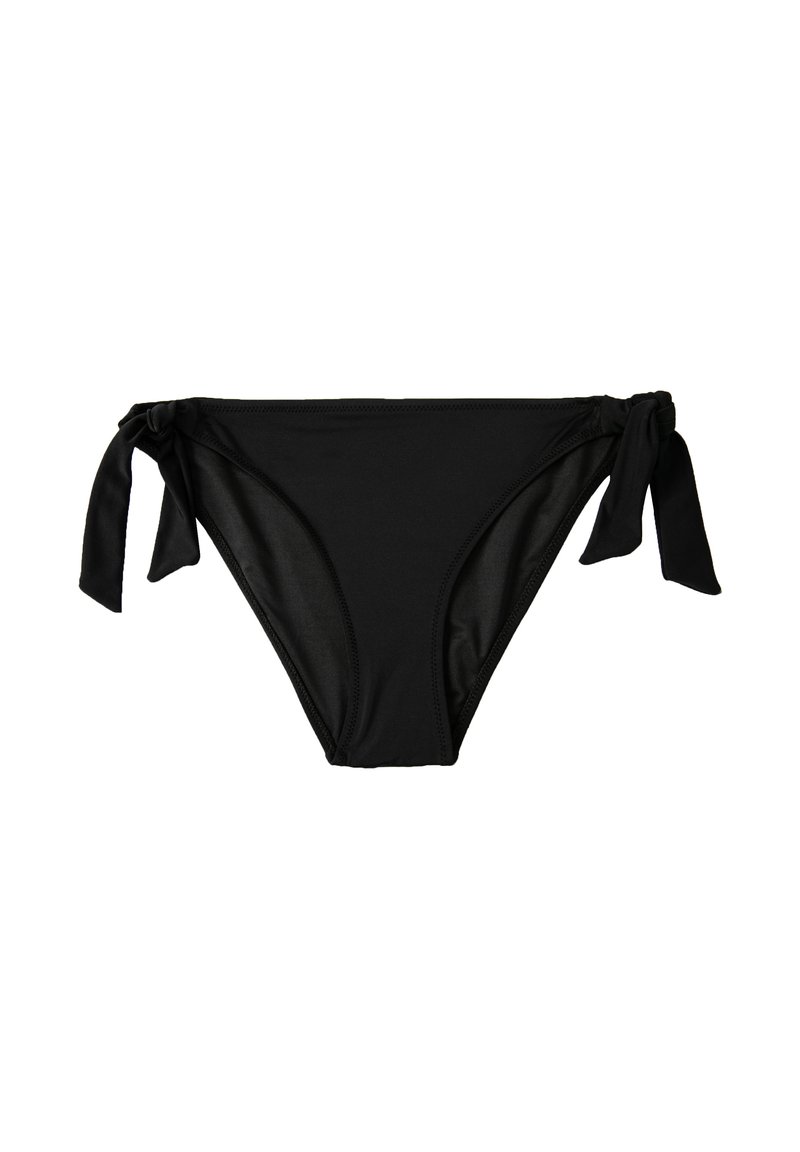 Svarta bikiniunderbyxor i slät tyg. Har snörningsavslutningar på sidorna och en klassisk skärning med medium täckning.