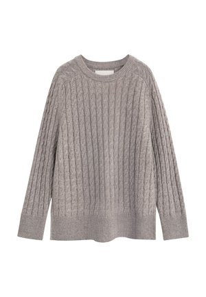 Hellgrauer Strickpullover mit einem Zopfmuster, langen Ärmeln und gerippten Bündchen sowie Saum. Weiche Textur mit lässiger Passform.