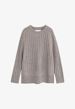 Pull en tricot gris clair avec un motif en relief, manches longues et poignets et ourlet côtelés. Texture douce avec une coupe décontractée.