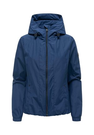 Donkerblauwe capuchonjas met voorrits, verstelbare trekkoorden aan de capuchon, elastische manchetten en twee voorzakken.