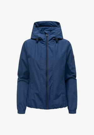 Donkerblauwe capuchonjas met voorrits, verstelbare trekkoorden aan de capuchon, elastische manchetten en twee voorzakken.